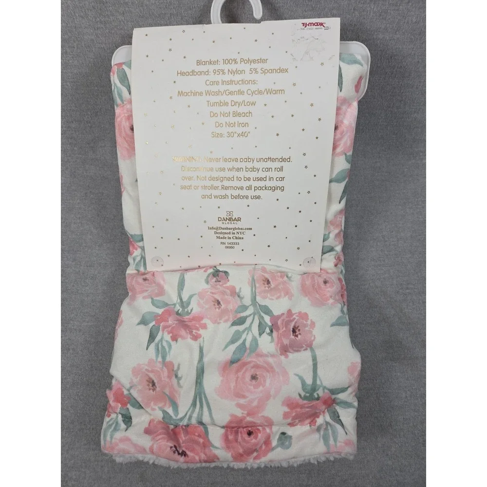 Simply BABY Chic PInk Rose Plush Blanket Set & 3 Matching Head Wraps Gift NEW